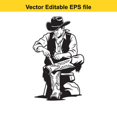 Black and white vector illustration of a rugged cowboy sitting down and sharpening a knife while looking intently at his cowboy boot, isolated on