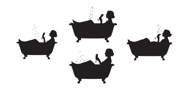Woman in bathtub silhouette drinking, relaxation and pampering Vector