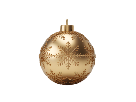 Luxurious golden Christmas ornament with elegant snowflake patterns, isolated on black. Perfect for festive holiday decorations, seasonal greetings, winter themes, and elegant designs. Adds a touch
