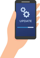 mobile Laptop update screen. Loading or update process in laptop screen. Install software, operating system, update support, data hand hold mobile