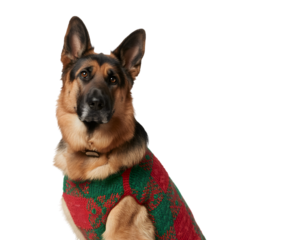 A majestic German Shepherd dog wears a festive red and green Christmas sweater, looking alert on a black background. Perfect for holiday pet promotions, seasonal greetings, and winter-themed design