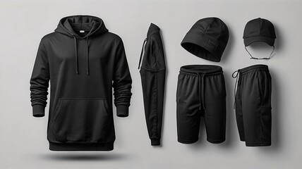 Stylish black athletic apparel set featuring a hoodie, shorts, cap, and sunglasses, designed for comfort and modern appeal.