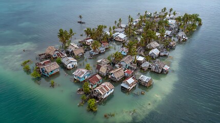 Aerial view of a small, lowlying island village severely affected by rising sea levels and coastal flooding in the ocean