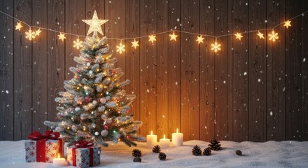 Festive christmas scene with decorated tree, gifts, and snow