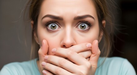 Close up of a woman with wide eyes covering her mouth with both hands looking shocked and scared