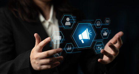 Digital marketing promotion strategy using megaphone, social media marketing, digital ads video...
