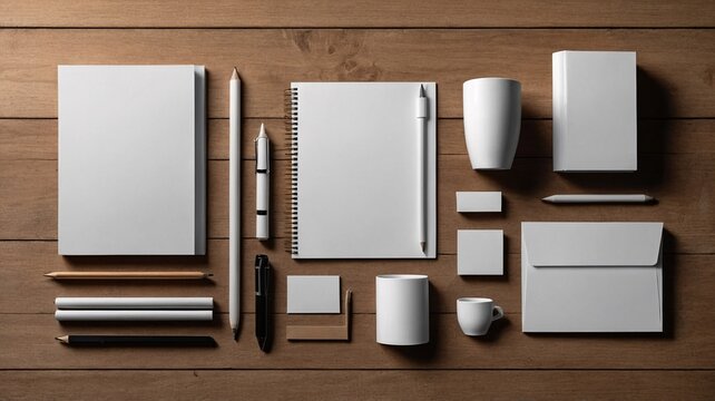 A minimalist workspace featuring various white stationery items neatly arranged on a wooden surface.