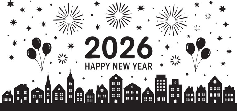 Happy New Year 2026 celebration with city skyline illustration banner