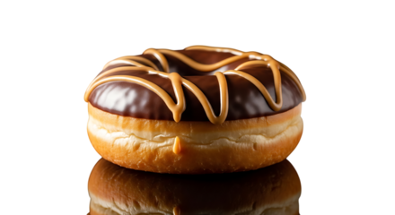 A mouthwatering chocolate and caramel glazed donut, perfect for a sweet craving, isolated on transparent background