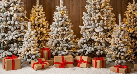 Frosted christmas trees with gifts, ornaments, and golden lights.