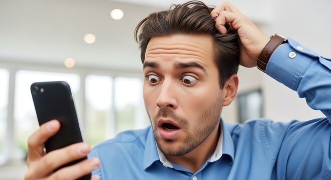 Man in blue shirt looks shocked while holding a phone and scratching his head in disbelief indoors