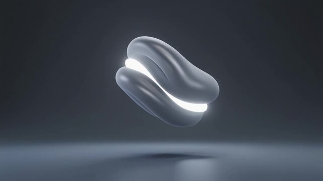 A futuristic 3D object levitating in mid-air, rotating gently on a 360-degree horizontal ax