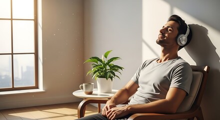 Man relaxing in chair with headphones on in sunlit room with plant and coffee table nearby