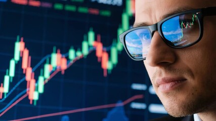 Close-up of a focused businessman in glasses observing colorful stock market indicators and financial charts on a digital screen, symbolizing investment, trading, and financial analysis. - Powered by Adobe