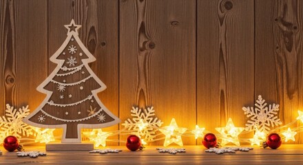 Wooden christmas tree, star lights and festive baubles on wood