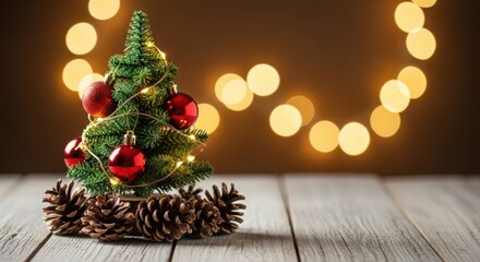 Small festive christmas tree with red baubles, lights, and pine cones.