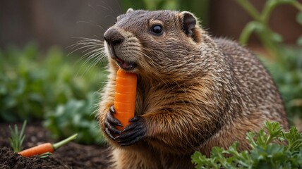 A curious groundhog munches on a vibrant orange carrot amidst a lush green garden, showcasing its playful nature.