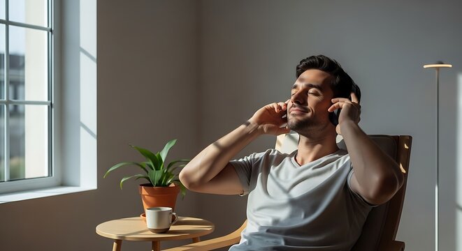 Man relaxing in chair with headphones on next to a plant and coffee in a sunlit room at home - Powered by Adobe