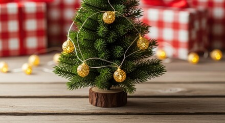 Small christmas tree with golden string lights and blurred gift box