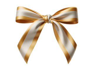 Luxurious golden and white striped satin bow, perfect for elegant gifts, festive celebrations, Christmas decorations, or special occasion designs. Isolated graphic element for holiday projects.