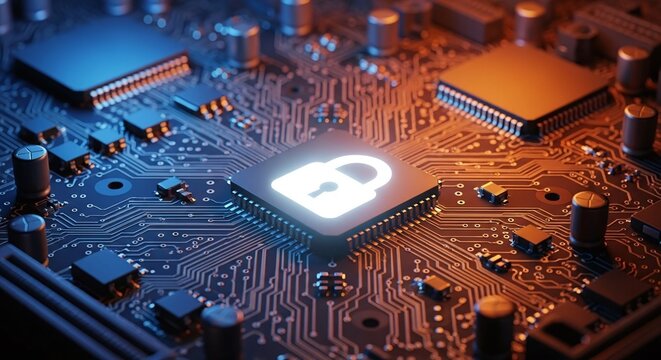 Digital security concept glowing padlock icon on a microchip, symbolizing data protection and cybersecurity on a circuit board