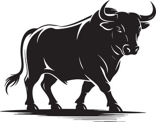 Powerful black bull silhouette walking with strength and determination forward look