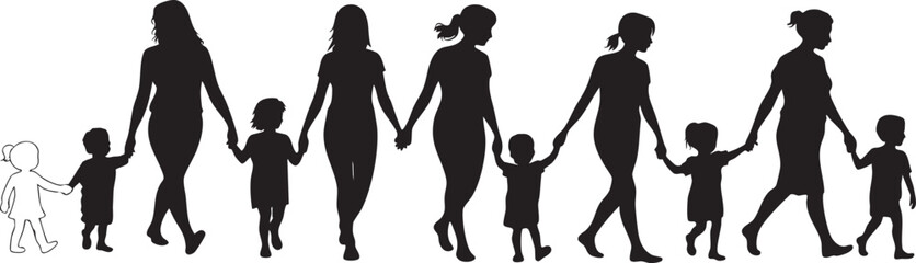 Mothers and children walking silhouettes vector illustration family concept art