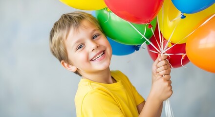 Smiling young boy in yellow shirt holding a bunch of colorful balloons against a gray background