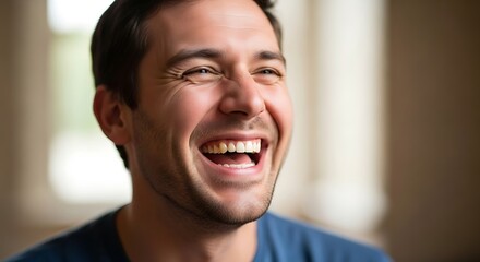 A man with dark hair and a blue shirt is laughing while looking to the side with blurred background
