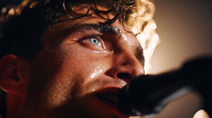 handsome male singer in macro close up, performing on stage, dramatic stage lighting with spotlights reflecting in eyes, detailed facial expression