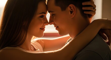 Close up of a woman embracing a man with their foreheads touching in a warm and intimate moment