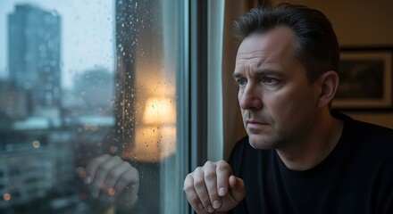 Man looking out rainy window with buildings visible in the background on a cloudy day inside