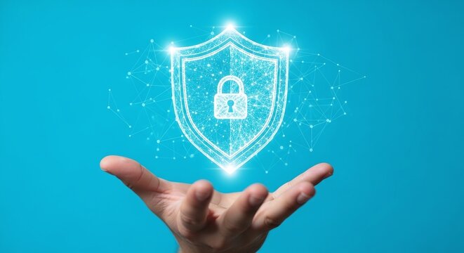A hand holding a glowing digital shield with a padlock icon, symbolizing data protection, cybersecurity, and secure internet connection on a blue background