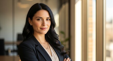 Portrait of a confident woman in a blazer with arms crossed in an office setting by a window