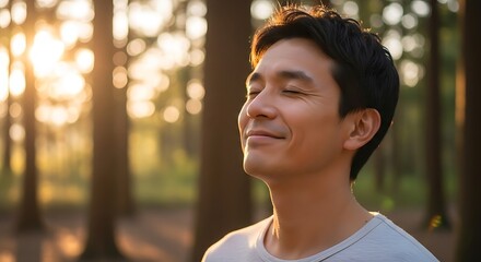 Man with closed eyes enjoying sunlight in forest with trees and blurred background during golden hour
