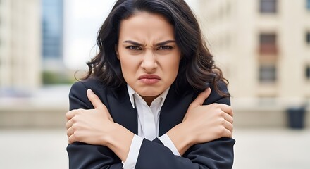 Woman in business attire shivering outdoors with arms crossed and an unhappy expression on her face