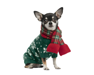 Adorable Chihuahua dog in festive green snowflake sweater & red plaid Christmas scarf. Ideal for holiday greetings, winter pet campaigns, seasonal designs, and cozy pet-themed promotions. Cute and 