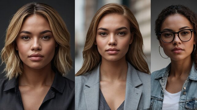 Three portraits of confident women, showcasing diverse styles and expressions, embodying strength and individuality.