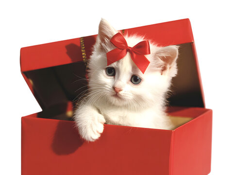 Adorable white kitten with a cute red bow peeking from a festive red gift box. Perfect for holiday surprises, pet promotions, and charming Christmas greetings.