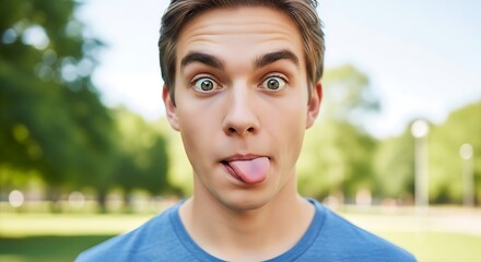 A young man with a funny expression sticking out his tongue in front of a blurred green background