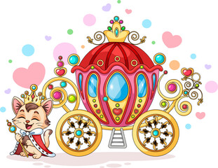 Cute royal cat with princess carriage, fantasy fairytale coach illustration for kids