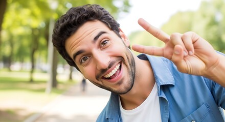 Man with a beard smiling and making a peace sign in a park with trees in the background on a sunny day