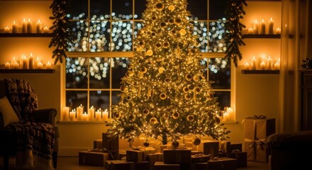 Sparkling christmas tree, gifts, and warm candles in cozy room