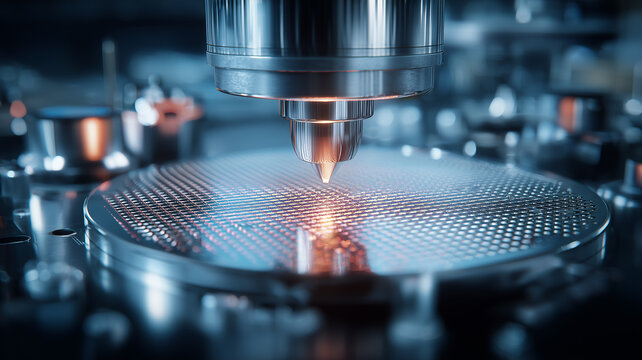 Industrial laser system engraving a semiconductor wafer representing advanced fabrication methods and high precision technological development.
