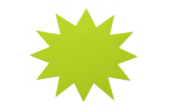Green starburst shape on transparent background, a customizable sticker ideal for promotions, discounts, and advertising messages