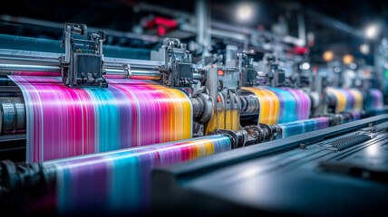 A high speed printing press producing vibrant sheets representing large scale production efficiency creative output and industrial printing workflow.

