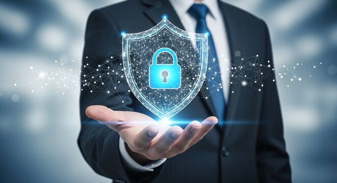 Businessman holding a glowing shield with a padlock icon, symbolizing digital data protection, internet security, and cyber privacy - Powered by Adobe