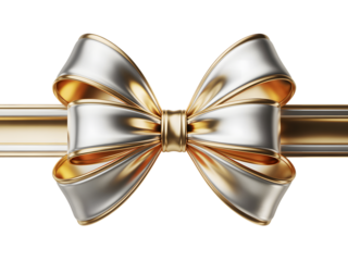 Elegant metallic gold and silver gift bow, a luxurious design element for festive celebrations, Christmas, and holiday banners. Shiny ribbon texture on black background.