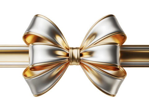 Elegant metallic gold and silver gift bow, a luxurious design element for festive celebrations, Christmas, and holiday banners. Shiny ribbon texture on black background.