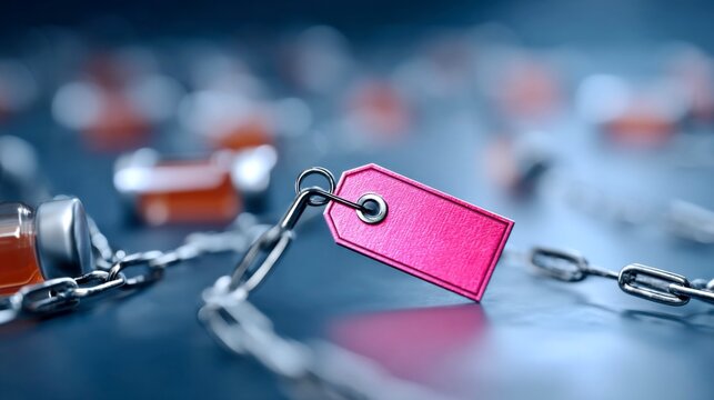 Colorful pink tag attached to a silver chain amidst blurred bottles and chains, representing product tagging and inventory management in a warehouse setting